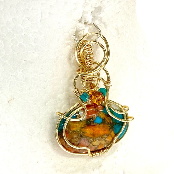 HANDMADE Spiny Oyster Turquoise  Hand Wrapped Gold Plate Statement Pendant - Picture 5 of 10